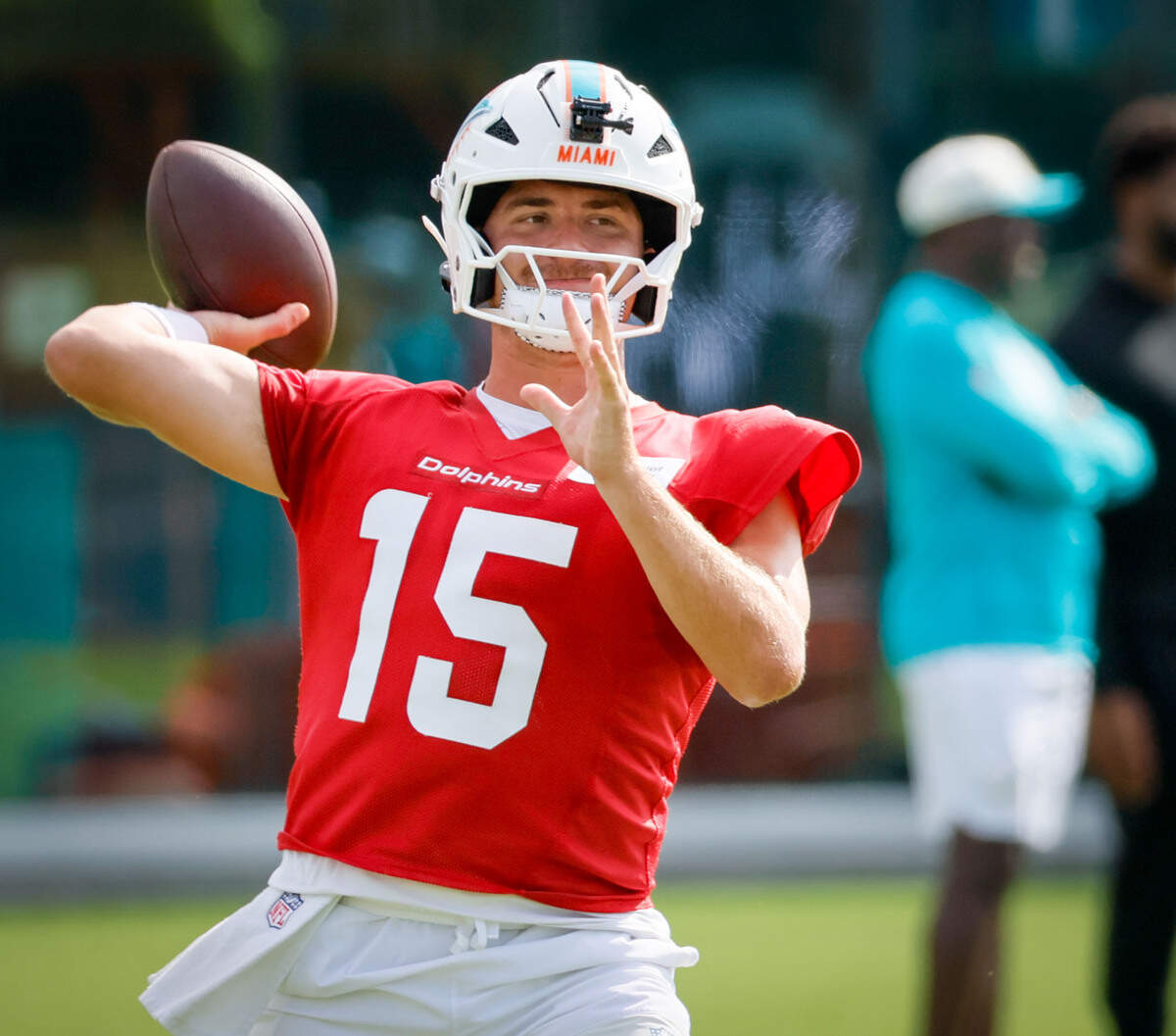 Miami Dolphins quarterback Cam Miller (15) during practice drills at the Miami Dolphins Training Camp in Miami Gardens, Florida, on Friday, July 31, 2026.